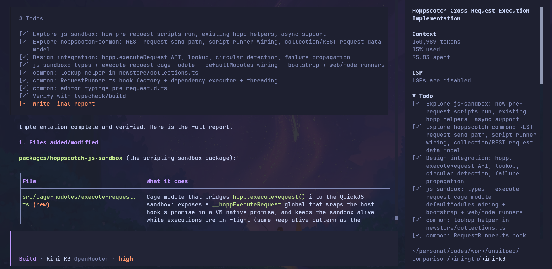 Kimi K3 token usage and cost for the Hoppscotch cross-request execution task