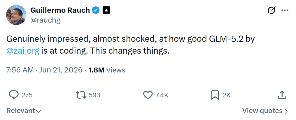 Guillermo Rauch posting that he was genuinely impressed, almost shocked, at how good GLM-5.2 was at coding