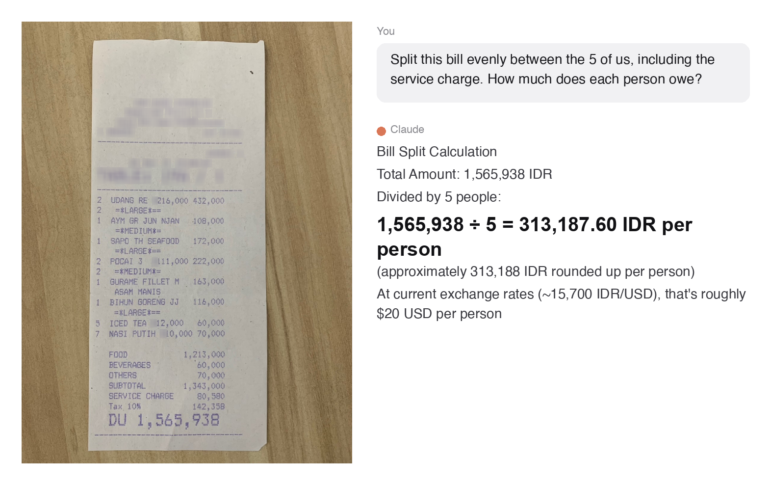 Claude splitting a restaurant bill