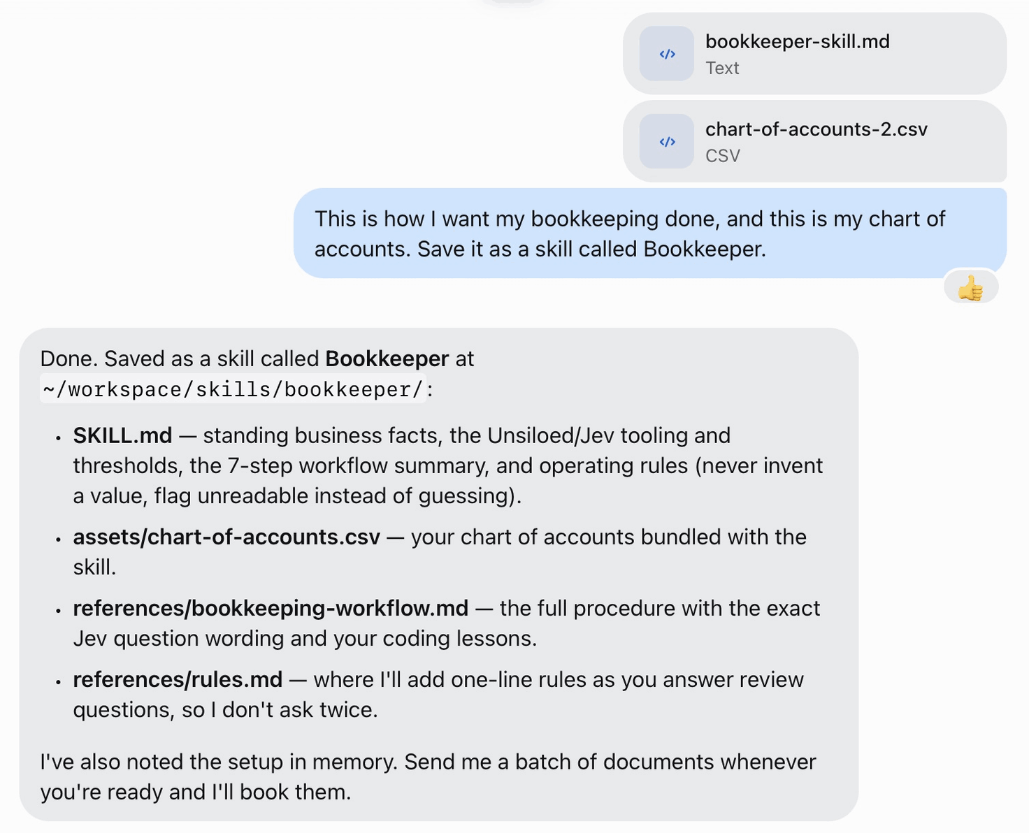 The owner attaches the skill file and chart of accounts, and Muse confirms the Bookkeeper skill is saved with its references and a rules file.