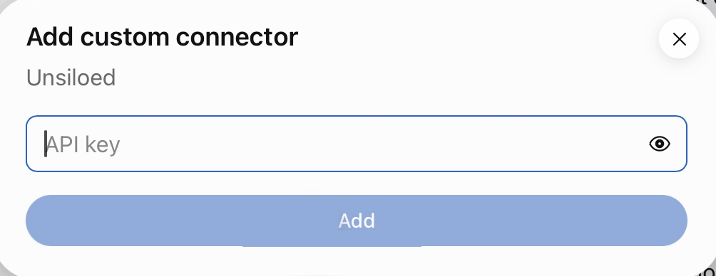 Muse's Add custom connector dialog for Unsiloed, with a single API key field.