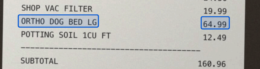 The hardware receipt with Unsiloed's two bounding boxes drawn on it: one around ORTHO DOG BED LG and one around 64.99.