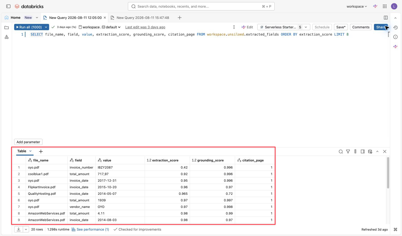 Databricks SQL showing invoice fields extracted by Unsiloed with extraction scores, grounding scores, and citation pages