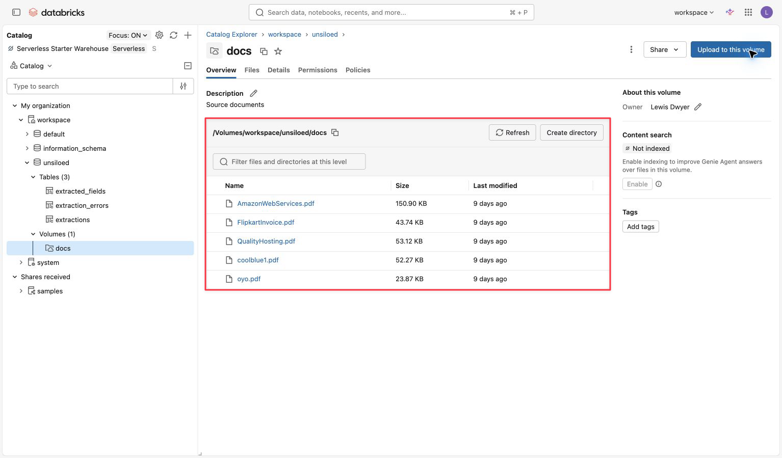 Five source invoice PDFs in a governed Databricks Unity Catalog volume