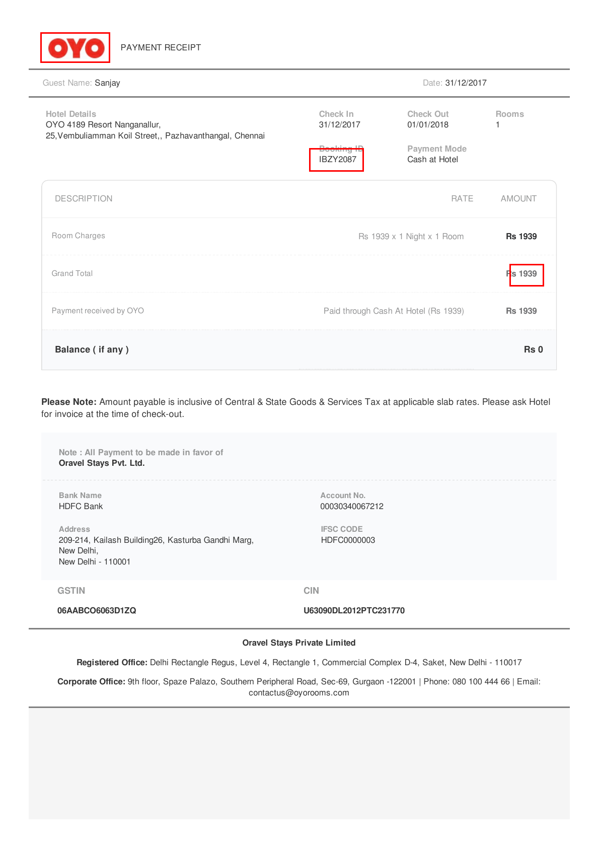 OYO invoice with red citation boxes around the vendor, invoice number, and total amount