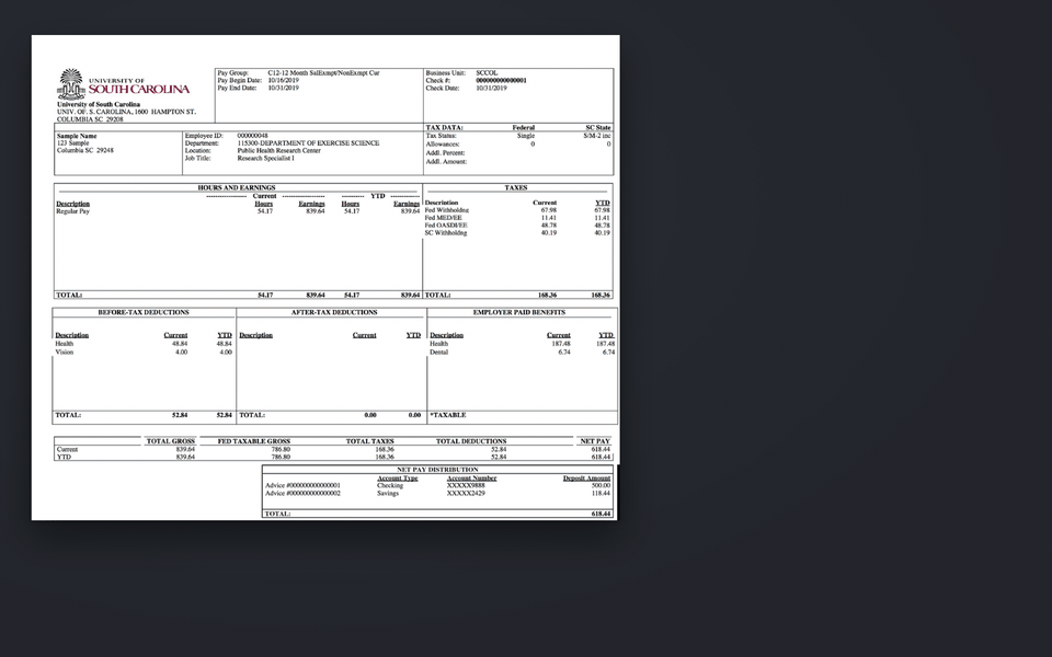 Rows cut from a pay stub one at a time: total gross pay lays down a paper strip, each tax and deduction tears off its share, employer-paid benefits are sent back because they aren't taken from pay, and the strip that remains lands exactly on the 618.44 net pay printed on the stub. The 839.64 gross pay times 24 pay periods gives a projected annual gross pay of 20,151.36, assuming every period pays the same