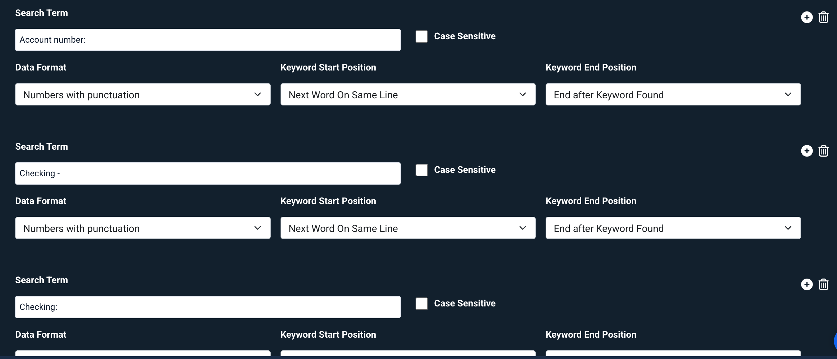 A single field's keyword-dictionary configuration in Docparser
