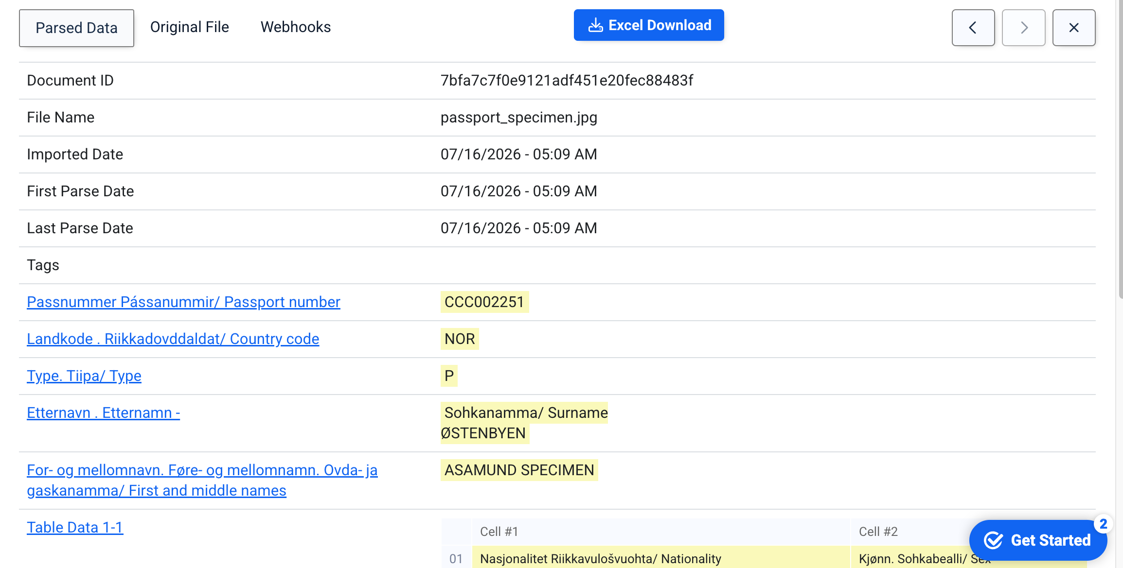 Docparser's SmartAI parsed results for the passport