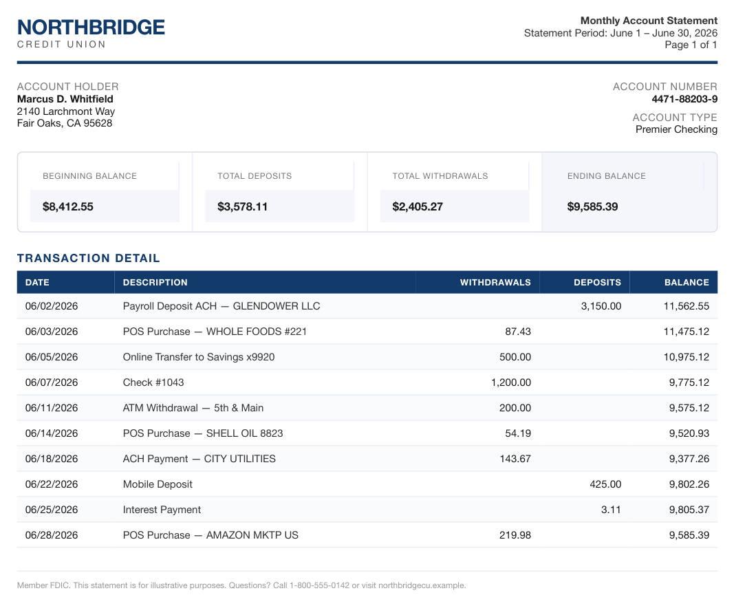 The bank statement used in the second test